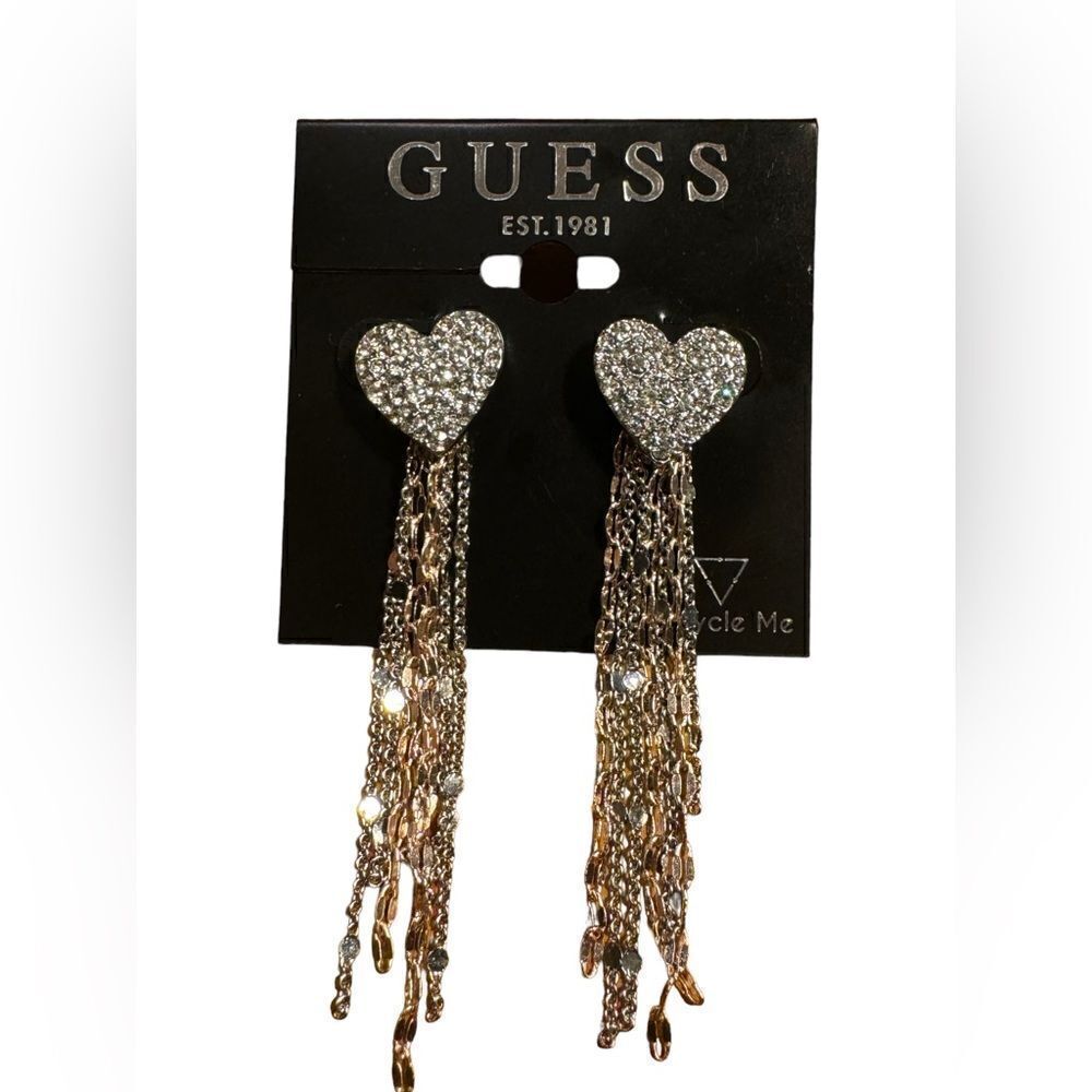NWT Guess Two-Tone Crystal Chain Fringe Drop 2.5” Earrings